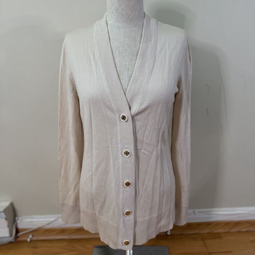 Tory Burch Merino Wool Button Up Long Sleeve Cardigan Beige Pink L GUC Read Prep
